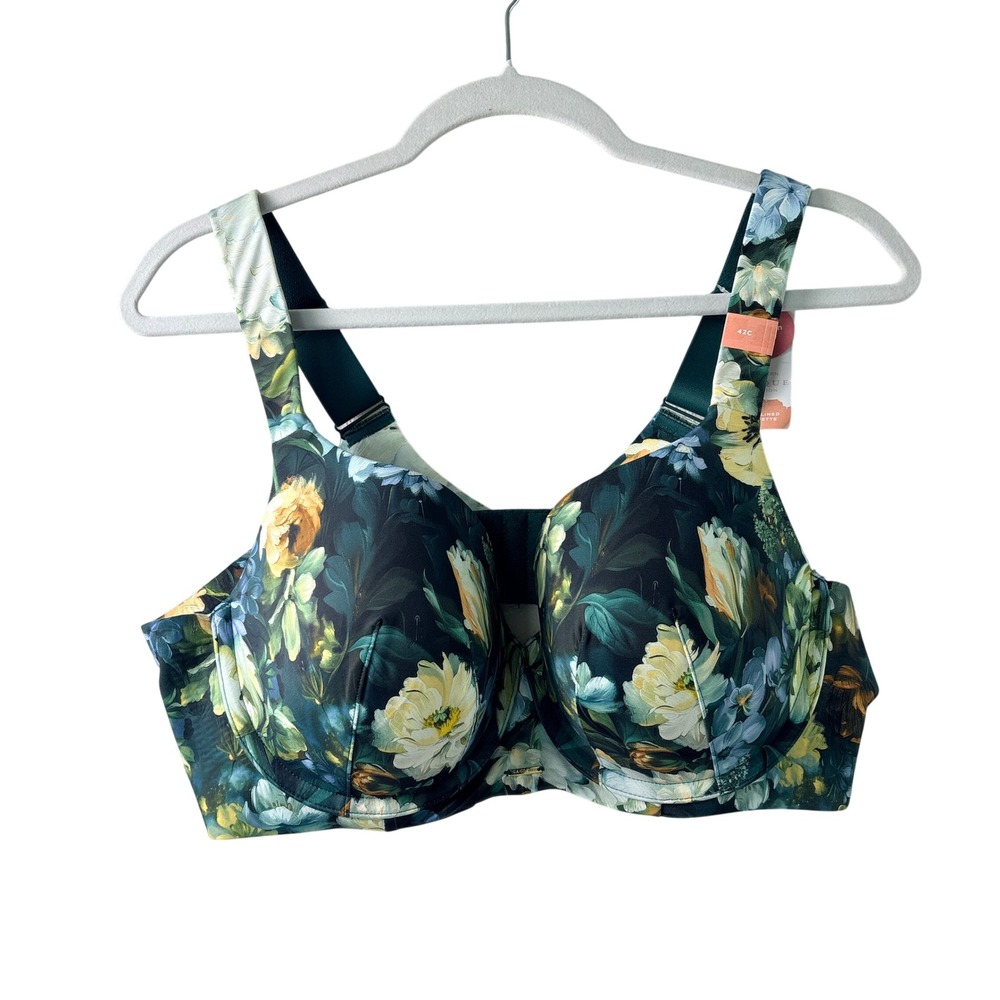 Cacique Balconette Bra Size 42C Teal Green Floral Lightly Lined Modern Luxe NWT